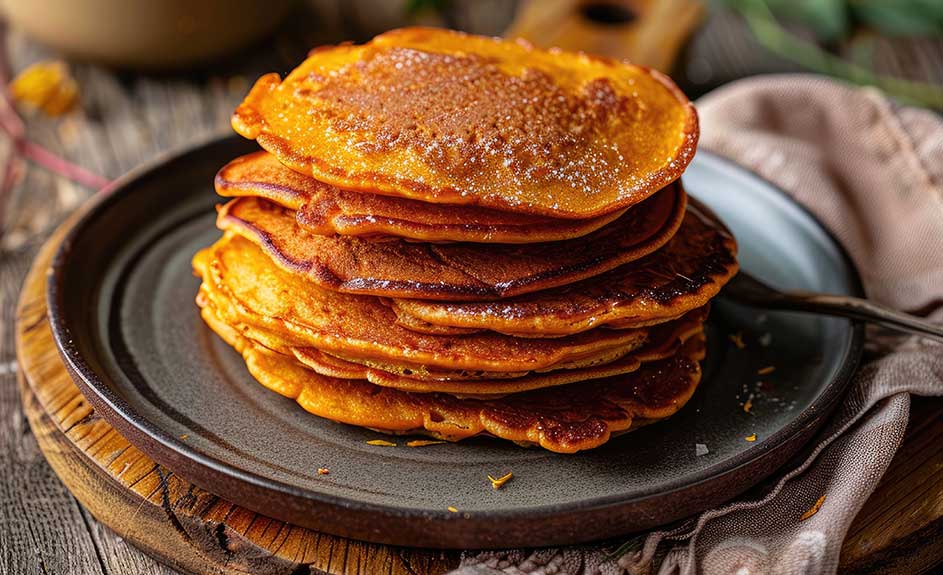 Stapel oranje pannenkoeken op een grijs bord, op een houten ondergrond.