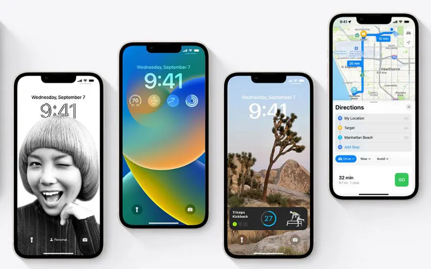 Vier iPhones tonen verschillende schermen: een foto, een kleurrijk patroon, een landschap en een navigatie-app. Alle schermen tonen 9:41.