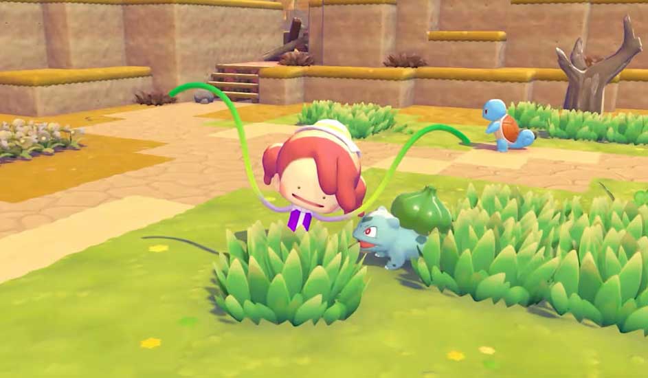 Monde coloré de Poké-topia avec forêt, champs et Pokémon joyeux autour d’un bâtiment rouge, univers de jeu rempli de détails.