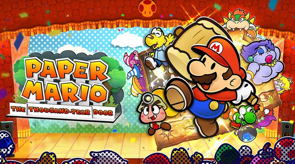 Een kleurrijke scène met "Paper Mario" titel, personages, en een rode gordijnachtergrond.
