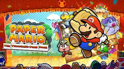 Een kleurrijke scène met "Paper Mario" titel, personages, en een rode gordijnachtergrond.