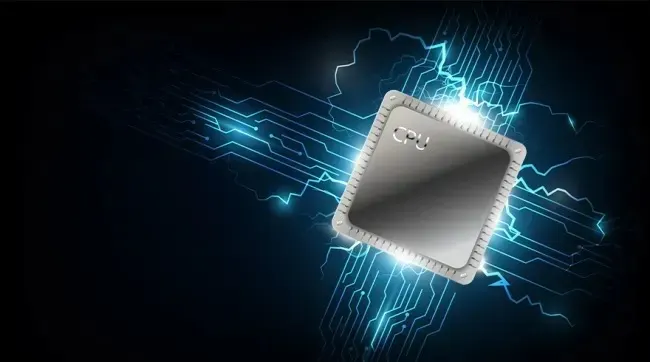 Une puce CPU brillante flotte dans l’ombre, entourée de circuits bleus lumineux évoquant la circulation des données.