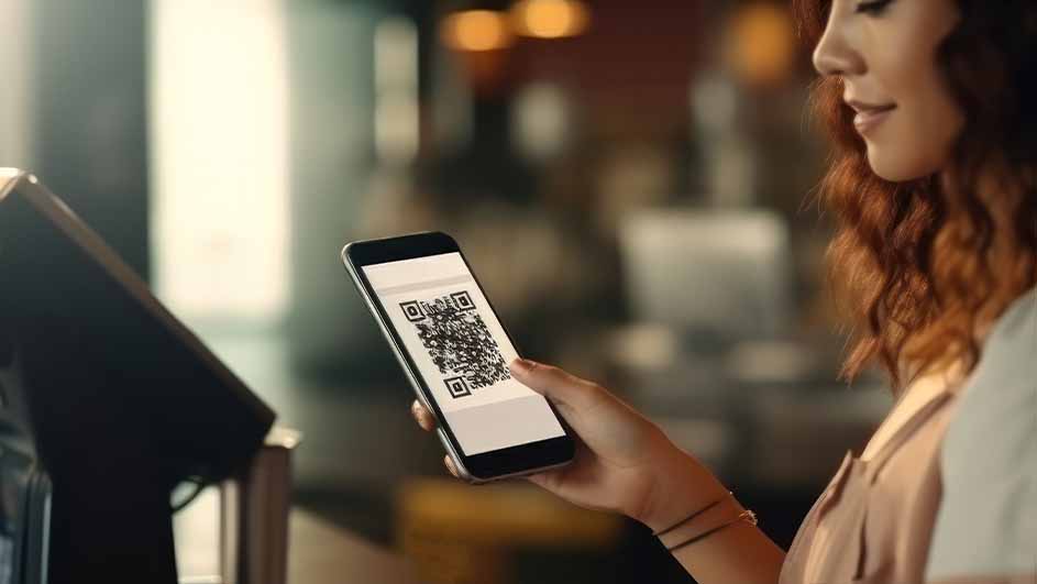 Une personne tient un smartphone affichant un code QR près d'un terminal de paiement noir. L'arrière-plan est flou.