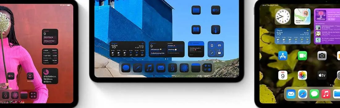 Drie Apple-apparaten met verschillende kleurrijke achtergronden en app-pictogrammen op hun startschermen, waaronder weer-widgets en diverse apps.