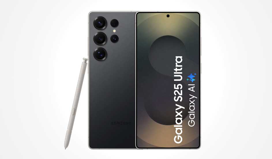 Un Samsung Galaxy S25 Ultra noir est posé à côté d’un stylet. L’écran affiche “Galaxy S25 Ultra Galaxy AI” en lettres blanches sur fond abstrait.