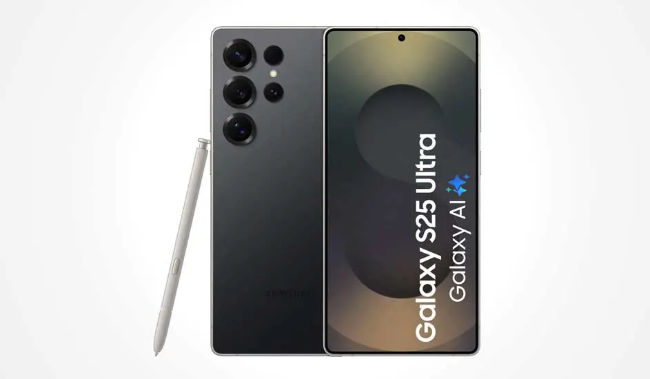 Un Samsung Galaxy S25 Ultra noir est posé à côté d’un stylet. L’écran affiche “Galaxy S25 Ultra Galaxy AI” en lettres blanches sur fond abstrait.