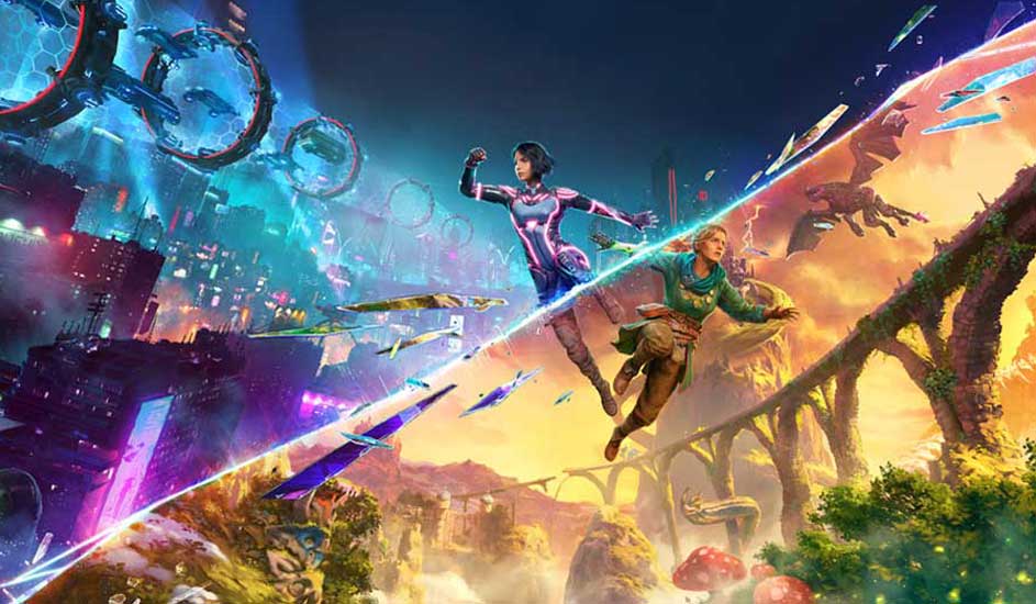 Twee werelden gescheiden door een diagonale lijn: links een blauwe futuristische stad, rechts een oranje fantasielandschap met draken.