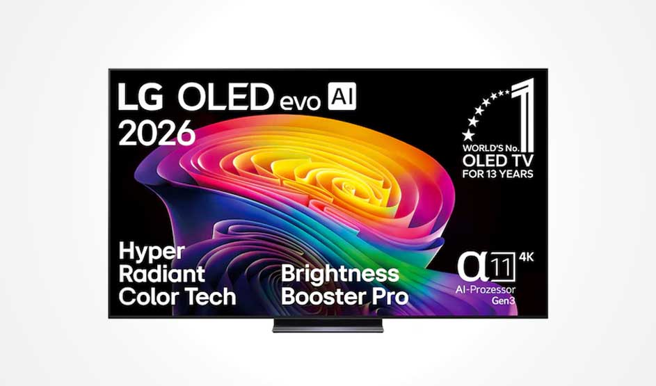 Un téléviseur LG OLED evo AI 2026 affiche des formes abstraites colorées, avec des textes promo sur la luminosité et la technologie d’image.