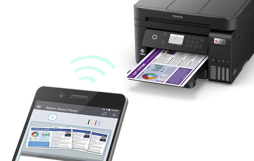 Un smartphone affiche l'application Epson, connecté sans fil à une imprimante Epson qui imprime un document.