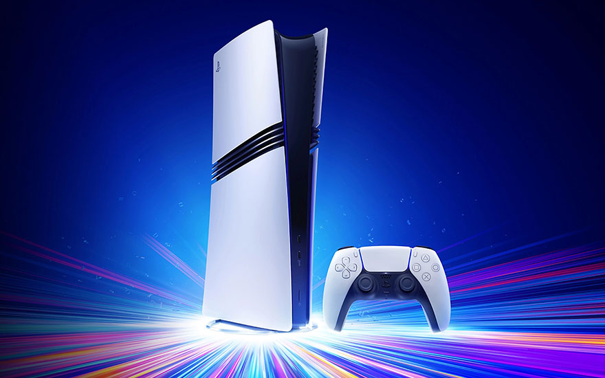 A PlayStation 5 is standing upright next to a white controller, with colourful beams of light against a dark blue background.