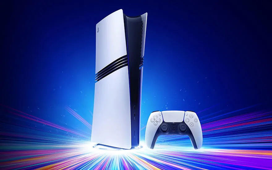 A PlayStation 5 is standing upright next to a white controller, with colourful beams of light against a dark blue background.