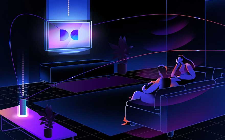 Salon bleu avec une télévision au centre, sofa, table, et motifs lumineux. L'éclairage ambiant est violet.
