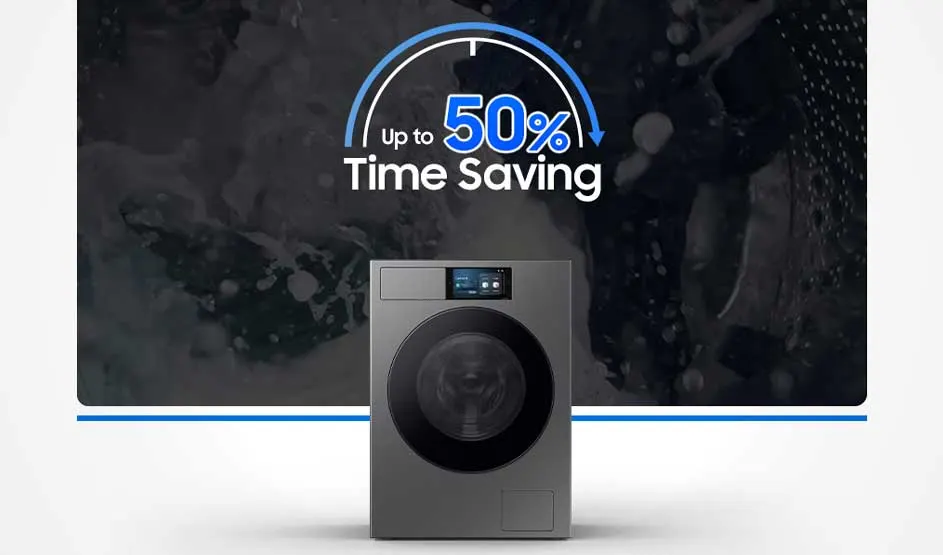Reclamebeeld: een grijze wasmachine voor donkere water‑/schuimachtergrond met tekst “Up to 50% Time Saving” en een boogmeter erboven.