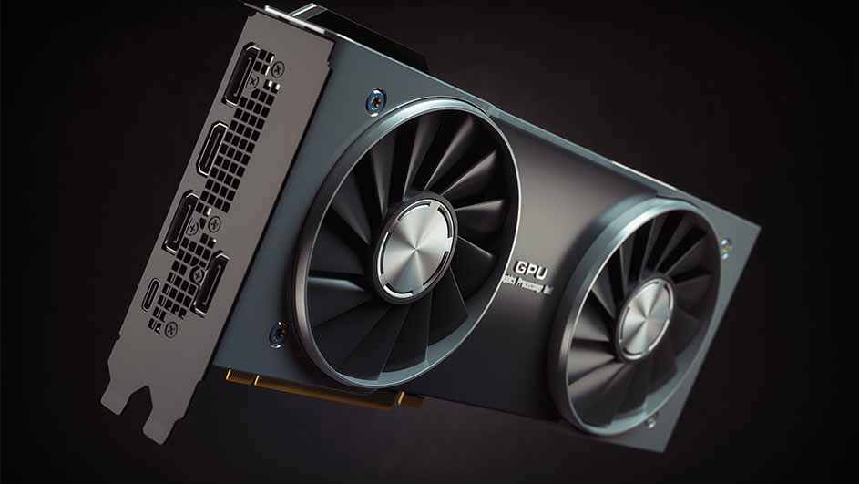 Een grijze grafische kaart met twee ventilatoren tegen een zwarte achtergrond. De kaart heeft meerdere poorten aan de zijkant.