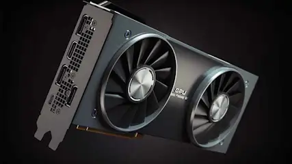 Carte graphique grise avec deux ventilateurs noirs sur fond noir. Ports d'affichage et dissipateur thermique visibles.