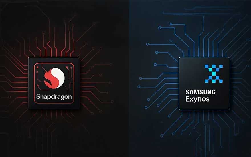 Twee chip-iconen naast elkaar: links Snapdragon op een rood printplaatpatroon, rechts Samsung Exynos op een blauw circuit, donkere achtergrond.