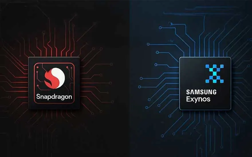 Twee chip-iconen naast elkaar: links Snapdragon op een rood printplaatpatroon, rechts Samsung Exynos op een blauw circuit, donkere achtergrond.
