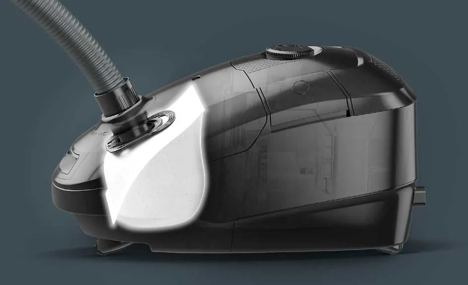 Een grijze stofzuiger met een slang is afgebeeld tegen een blauwgrijze achtergrond.