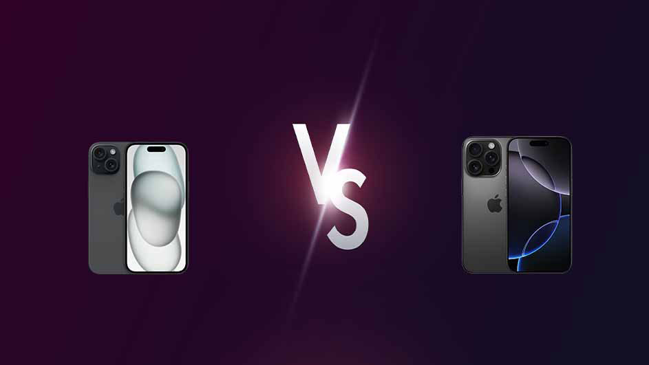 Twee grijze iPhones flankeren een wit "VS"-teken tegen een donkerpaarse achtergrond.