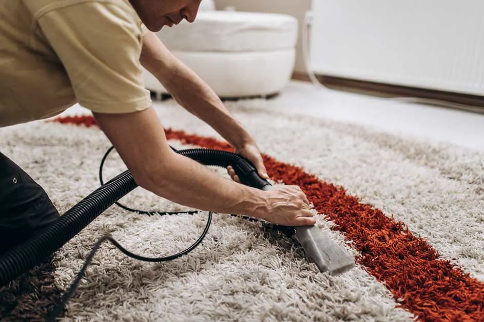 Un tapis beige et rouge est nettoyé avec un aspirateur à eau. Un tuyau noir est relié à l'appareil.