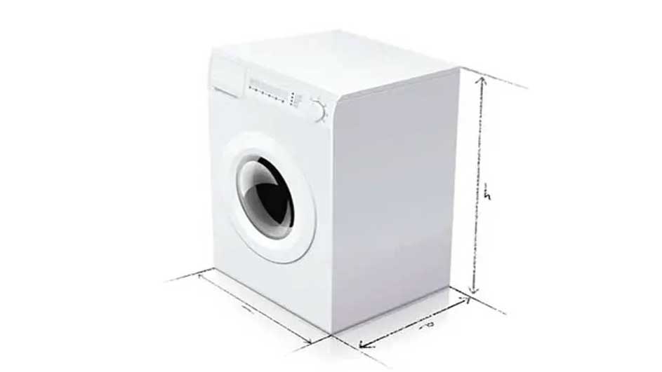 Een witte wasmachine met een ronde deur en afmetingen in schetslijnen op een witte achtergrond.