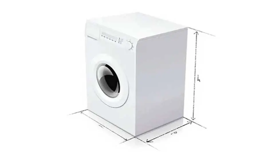 Een witte wasmachine met een ronde deur en afmetingen in schetslijnen op een witte achtergrond.