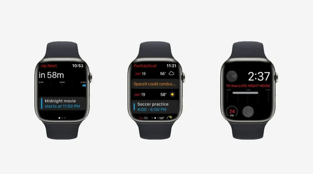 Trois montres intelligentes avec des écrans affichant des applications et des notifications sur fond blanc.