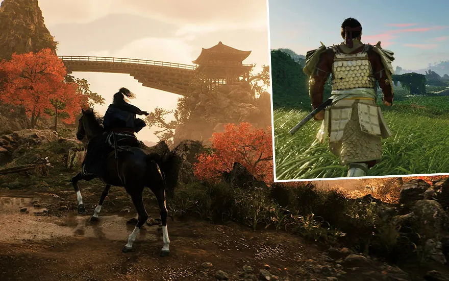 Voici l'image : un cheval noir sur un sentier de terre, un pont et un temple au loin, et un guerrier en armure sur une prairie.