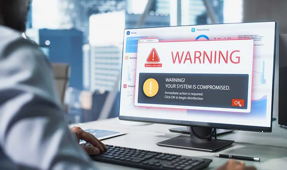 Een persoon zit achter een computer met een rood waarschuwingsvenster. Het scherm meldt dat het systeem is gehackt en toont een knop om te bevestigen.