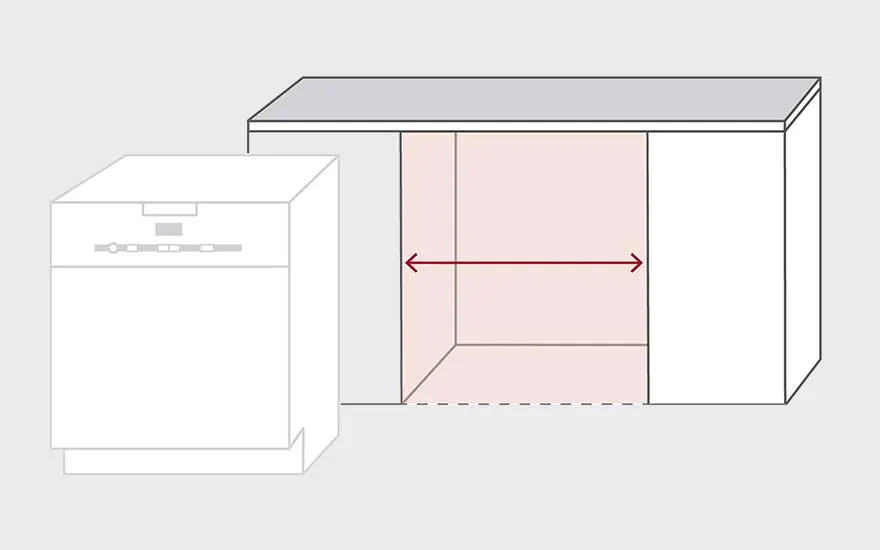 Image d'un lave-vaisselle blanc à côté d'une armoire de cuisine blanche avec un dessus gris. Une flèche rouge indique la largeur de l'espace.