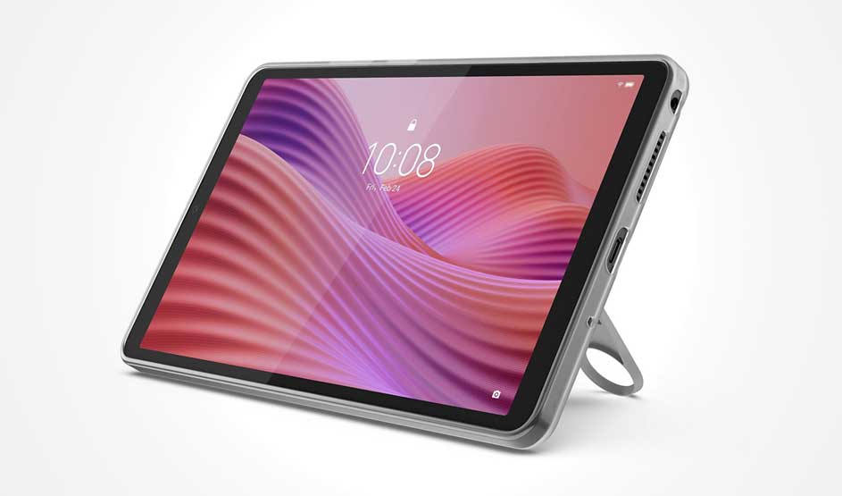 Une tablette à l’écran ondulé rose et violet est posée en biais sur un support, devant un fond clair et uni.