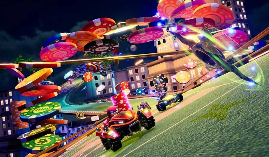 Plusieurs voitures de course colorées s’affrontent sur un circuit fantastique, entouré de jetons de casino en ville la nuit.