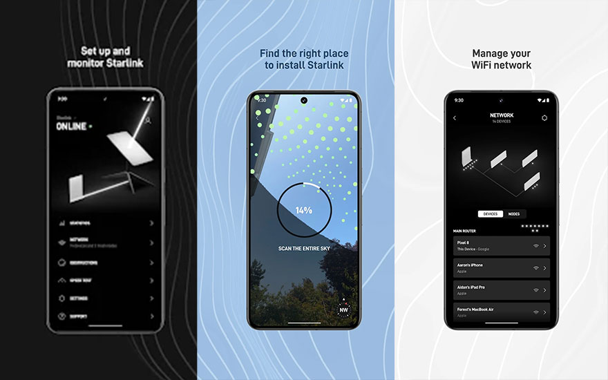 Trois écrans de téléphone montrent la configuration, l'installation et la gestion du réseau WiFi Starlink. Les interfaces sont en noir et blanc.