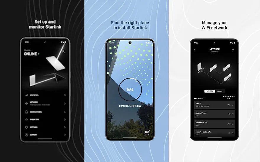 Trois écrans de téléphone montrent la configuration, l'installation et la gestion du réseau WiFi Starlink. Les interfaces sont en noir et blanc.