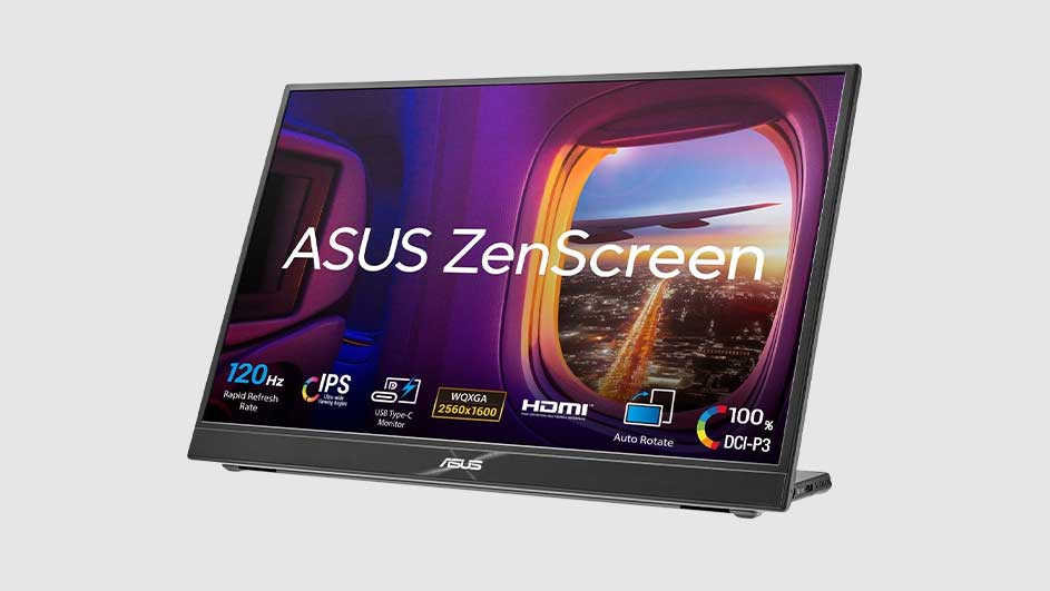 Écran ASUS ZenScreen noir affichant une image de hublot d'avion sur fond gris clair.