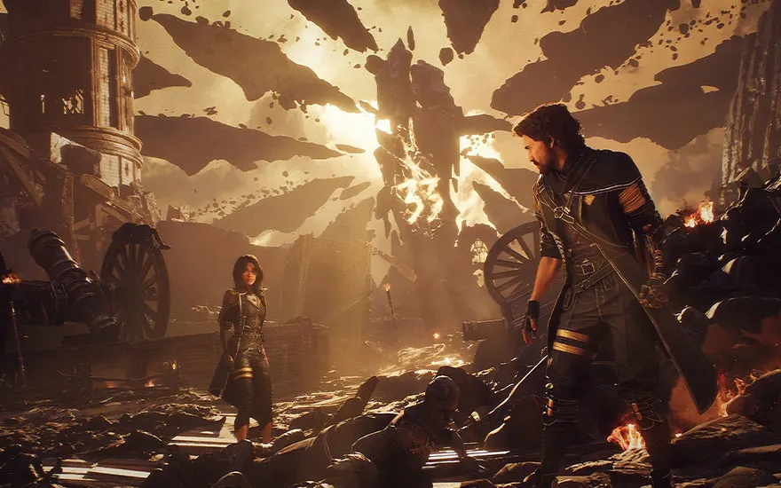 Paysage de ruines ocre avec des débris et des restes de bâtiments. Une grande roue et une tour sont visibles.