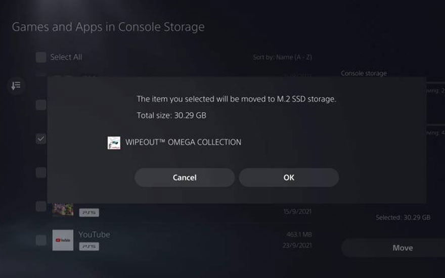 Un écran PS5 affiche un message indiquant que "WIPEOUT OMEGA COLLECTION" de 30,29 Go sera déplacé vers le stockage SSD M.2.