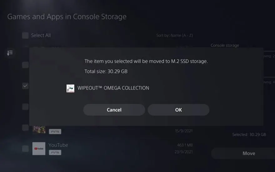 Een PS5-scherm toont de melding dat "WIPEOUT OMEGA COLLECTION" van 30,29 GB wordt verplaatst naar M.2 SSD-opslag.