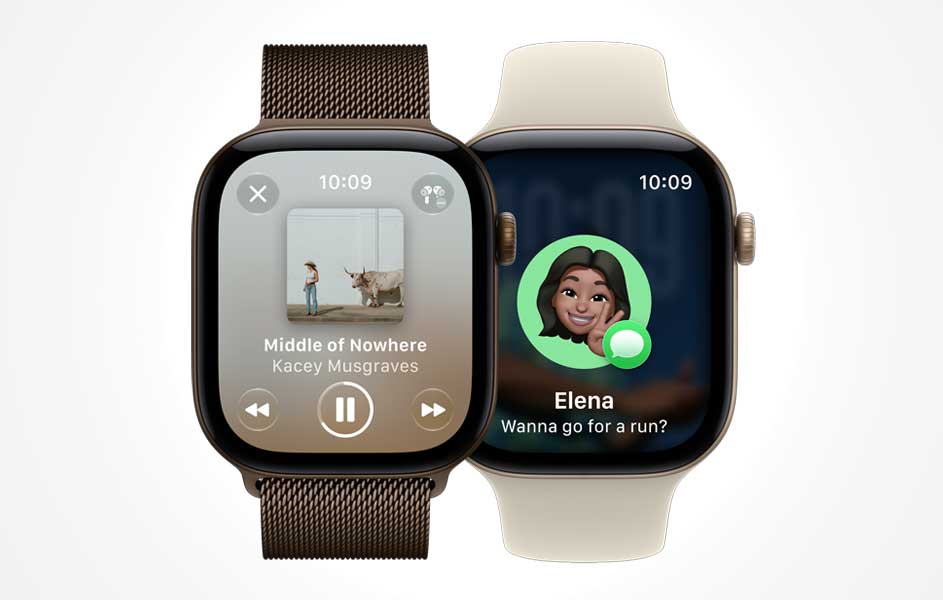 Twee smartwatches staan naast elkaar. Het linker model toont muziekbediening en een albumafbeelding, terwijl het rechter een contact met profielfoto weergeeft.