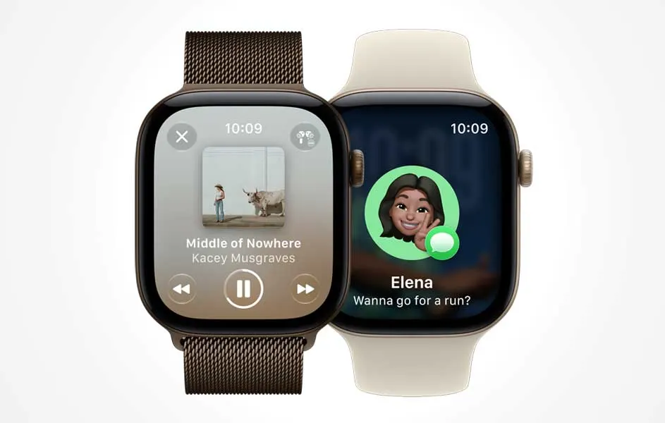 Twee smartwatches staan naast elkaar. Het linker model toont muziekbediening en een albumafbeelding, terwijl het rechter een contact met profielfoto weergeeft.