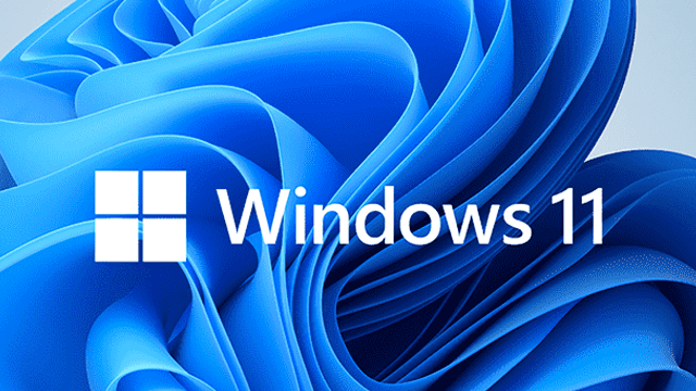 Logo Windows 11 sur fond bleu abstrait. Le logo Windows est blanc, comme le texte "Windows 11".