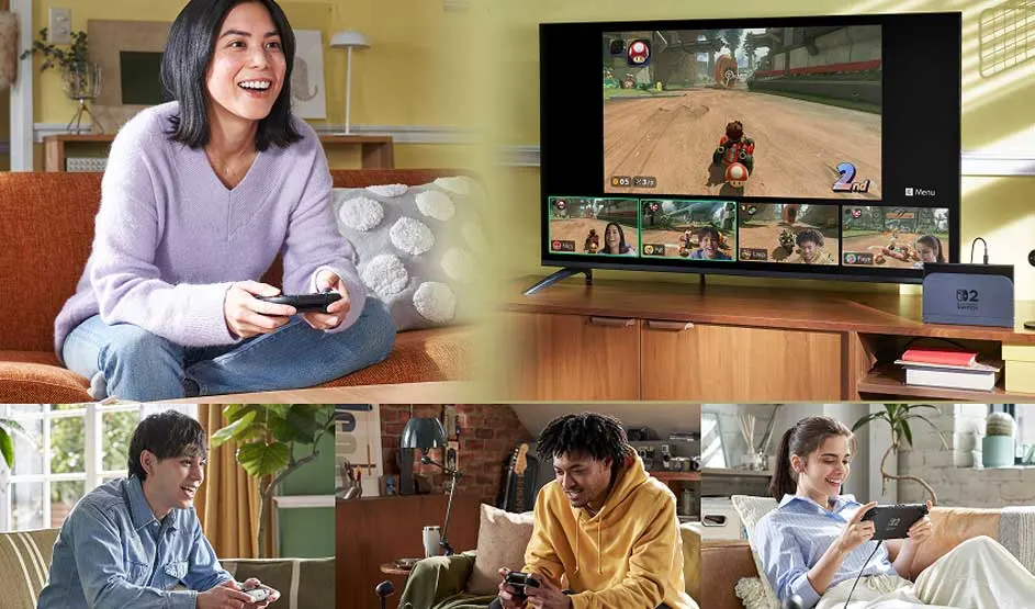 Mensen zitten ontspannen thuis en spelen Mario Kart op de Nintendo Switch, terwijl het spel op een groot tv-scherm wordt weergegeven. Merk: Nintendo.