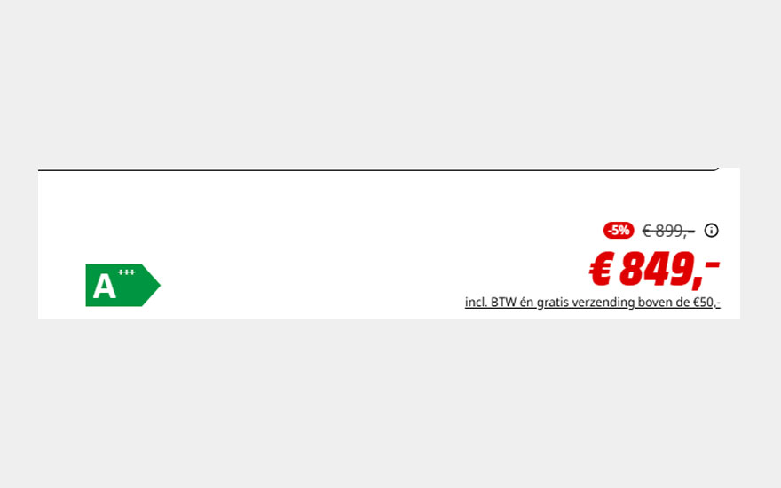 Energielabel A+++, nu €849, voordien €899. Inclusief BTW en gratis verzending vanaf €50.