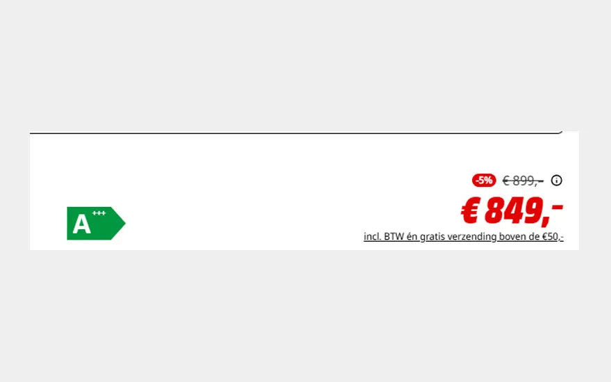 Energielabel A+++, nu €849, voordien €899. Inclusief BTW en gratis verzending vanaf €50.