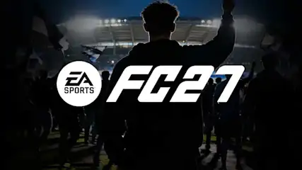 Une scène sombre dans un stade montre des supporters en silhouette, avec le logo EA Sports FC 27 illuminé au centre.