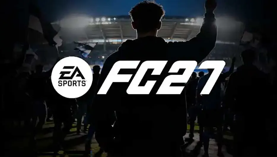 Une scène sombre dans un stade montre des supporters en silhouette, avec le logo EA Sports FC 27 illuminé au centre.