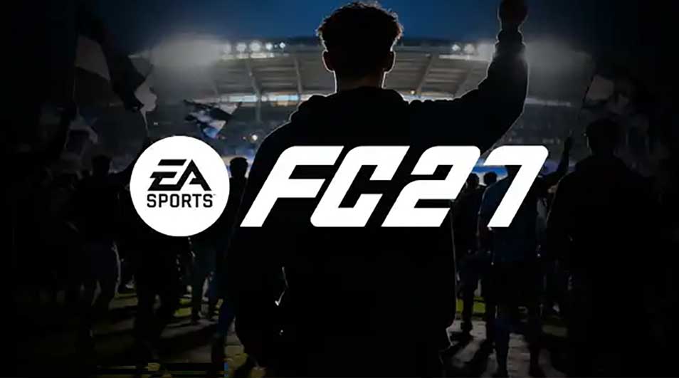 Een donkere stadionscène met supporters in silhouet en het grote EA Sports FC 27-logo fel verlicht in het midden.