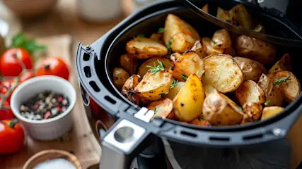 Une friteuse à air noir contient des pommes de terre rôties et des herbes. Des tomates et des épices sont à côté, sur une table en bois.
