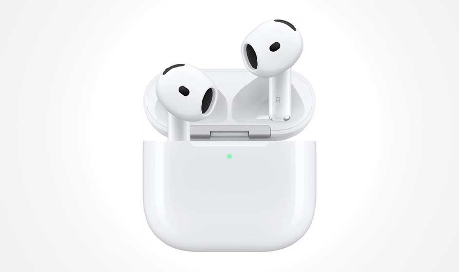 A glossy charging case with two white wireless earbuds is shown against a white background. The open lid, speaker openings, and green indicator are visible.