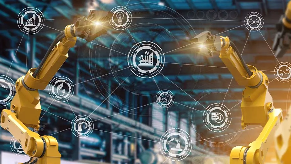 Gele armen van een robot in een fabriek. Diverse pictogrammen zweven rond de armen, op een blauwe achtergrond.